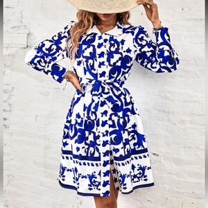 Lantern Sleeve Floral Print Blue and White Patterned Shirt Dress